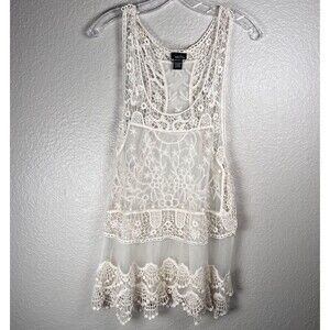 Rue 21 Sz XL Sheer Lace Tank Top Blouse Ivory Scalloped Hem Embroidered Layering